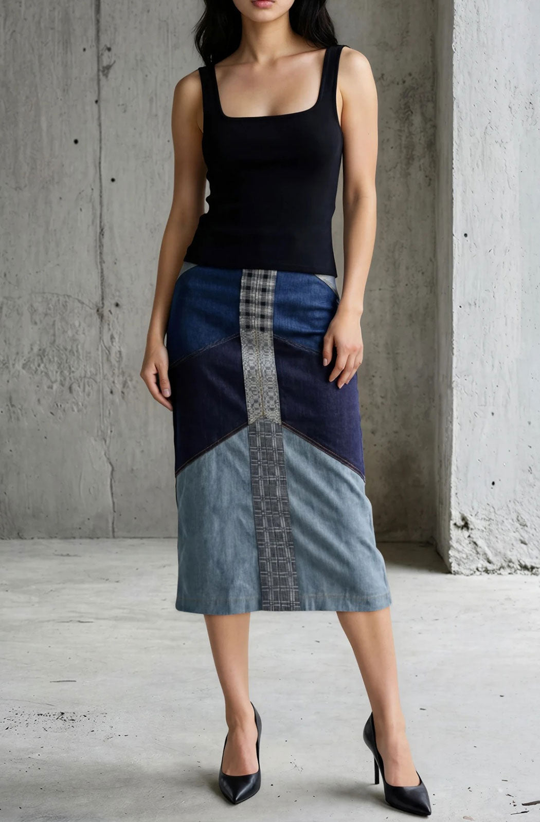 Three Tone Slim Midi Skirt